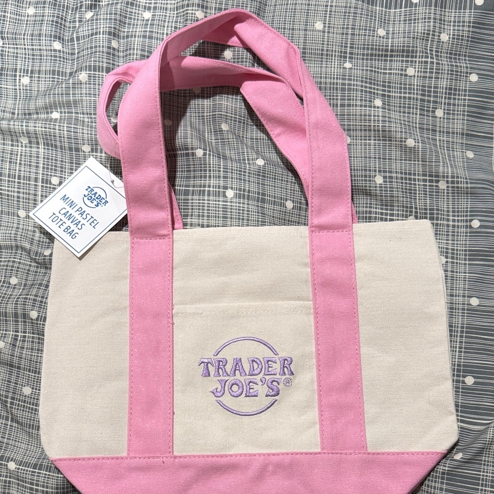 Trader Joe's mini Pink & Cream Canvas Tote Bag - Compact Everyday Carry